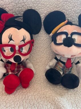 Disney Parks Mickey & Minnie Plush Set Nerd Glasses School Outfit Cute